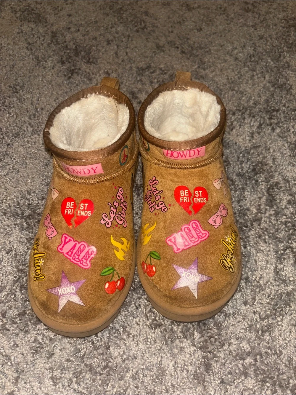 Steve Madden Kids Tan Faux-Shearling Slip-On Boots with Pink & Red Patches